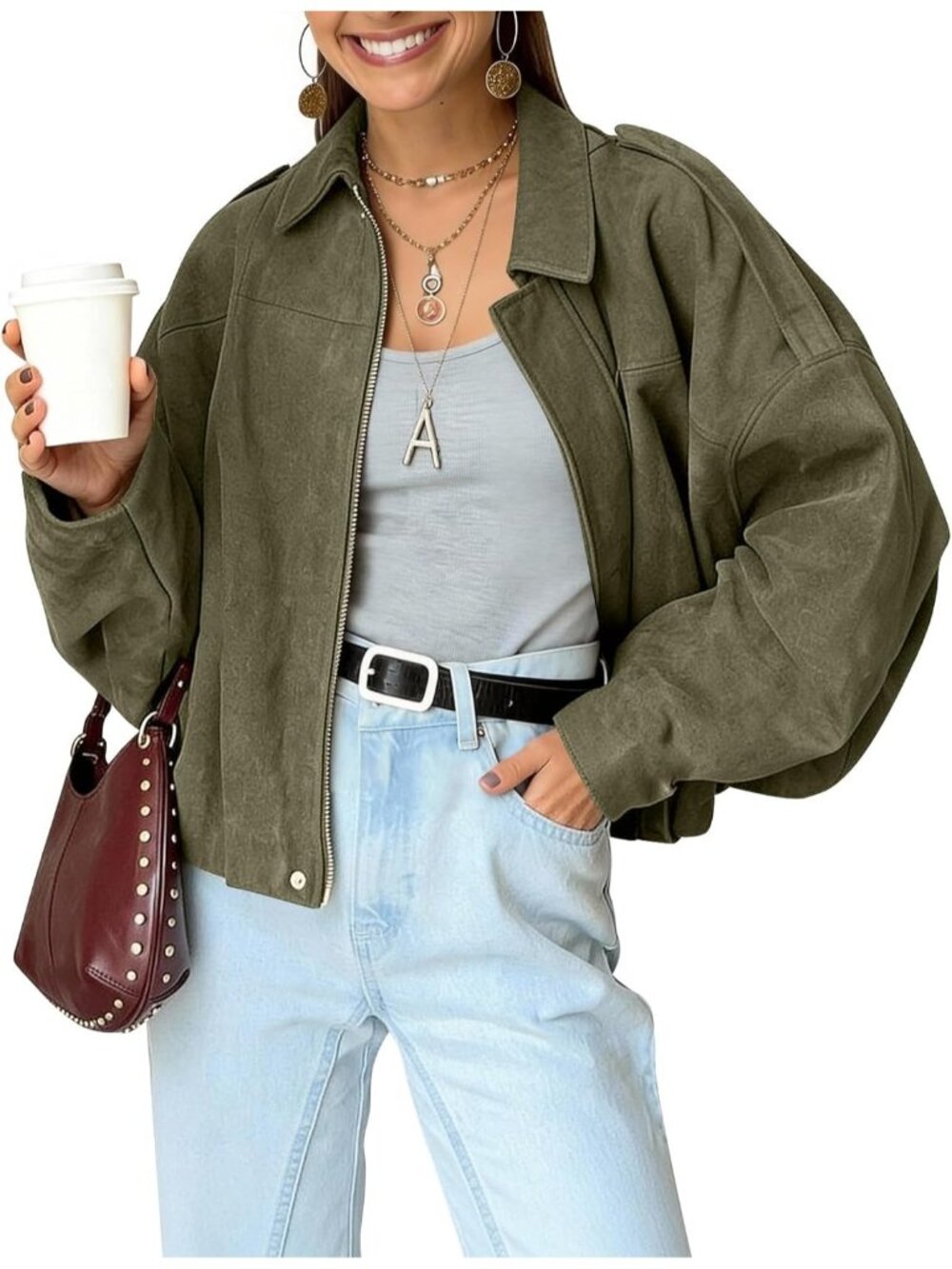 Women’s Green Faux Suede Oversized Bomber Jacket Cropped Lapel Street Wear